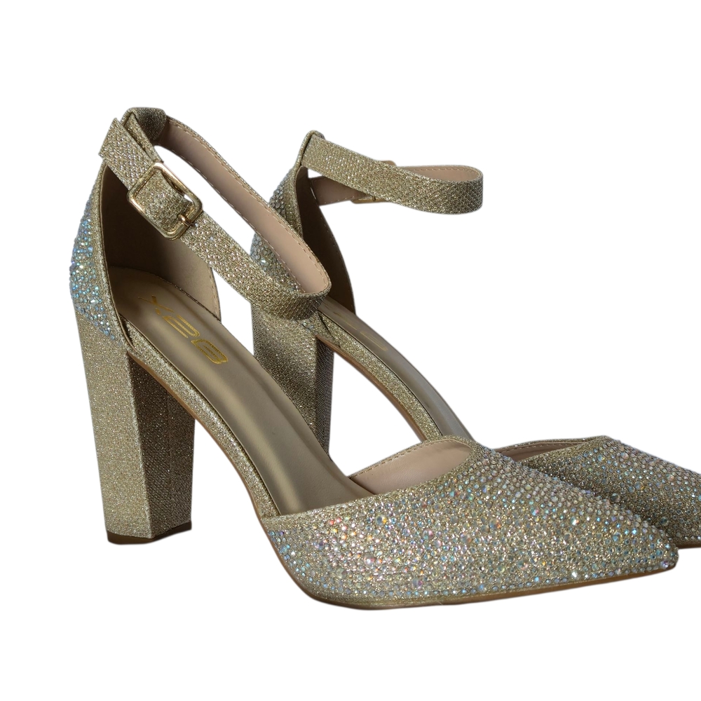 Gold Chunky Heel Sandals with Glitter Straps